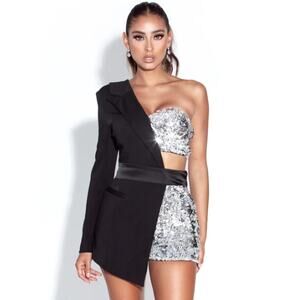 Miss Circle Skylynn Sequin Black Blazer Romper Belted Cut Out Sparkle Dress